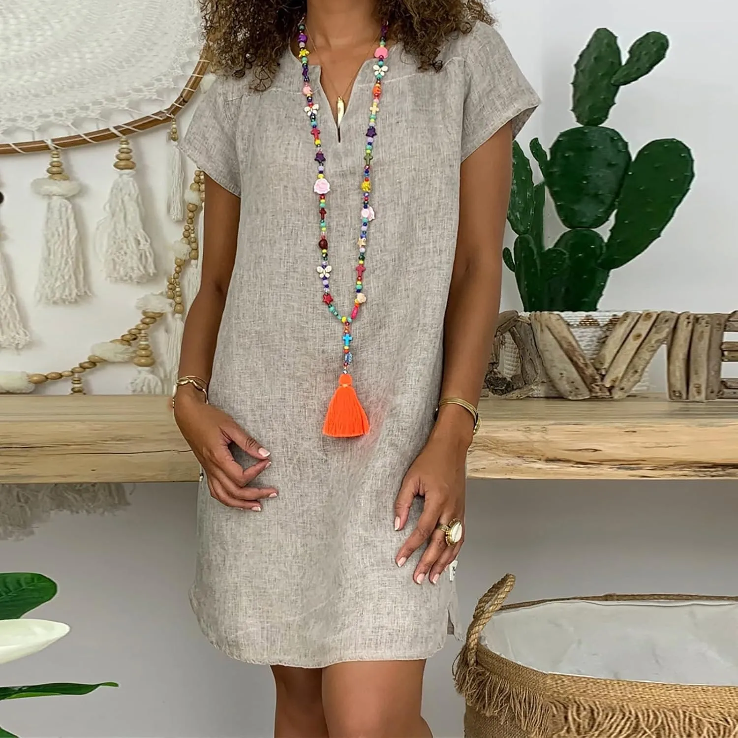 Women Summer Dresses Short Sleeve Cotton Linen Sundresses Knee Length Lightweight Casual T Shirt Dress