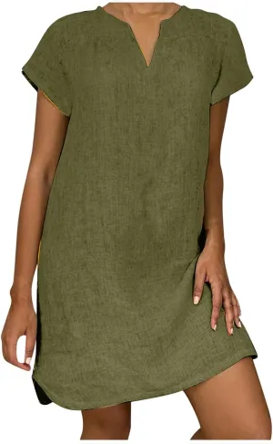 Women Summer Dresses Short Sleeve Cotton Linen Sundresses Knee Length Lightweight Casual T Shirt Dress