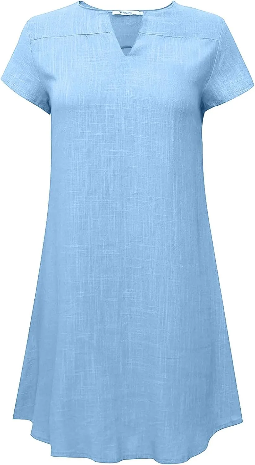Women Summer Dresses Short Sleeve Cotton Linen Sundresses Knee Length Lightweight Casual T Shirt Dress