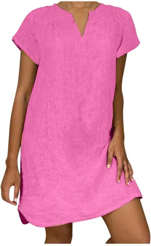 Women Summer Dresses Short Sleeve Cotton Linen Sundresses Knee Length Lightweight Casual T Shirt Dress