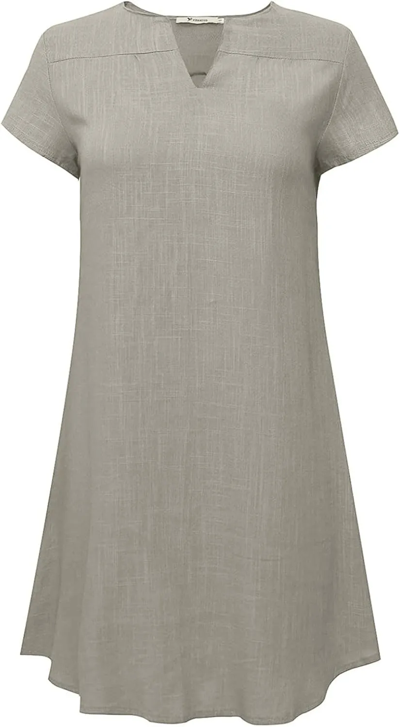Women Summer Dresses Short Sleeve Cotton Linen Sundresses Knee Length Lightweight Casual T Shirt Dress