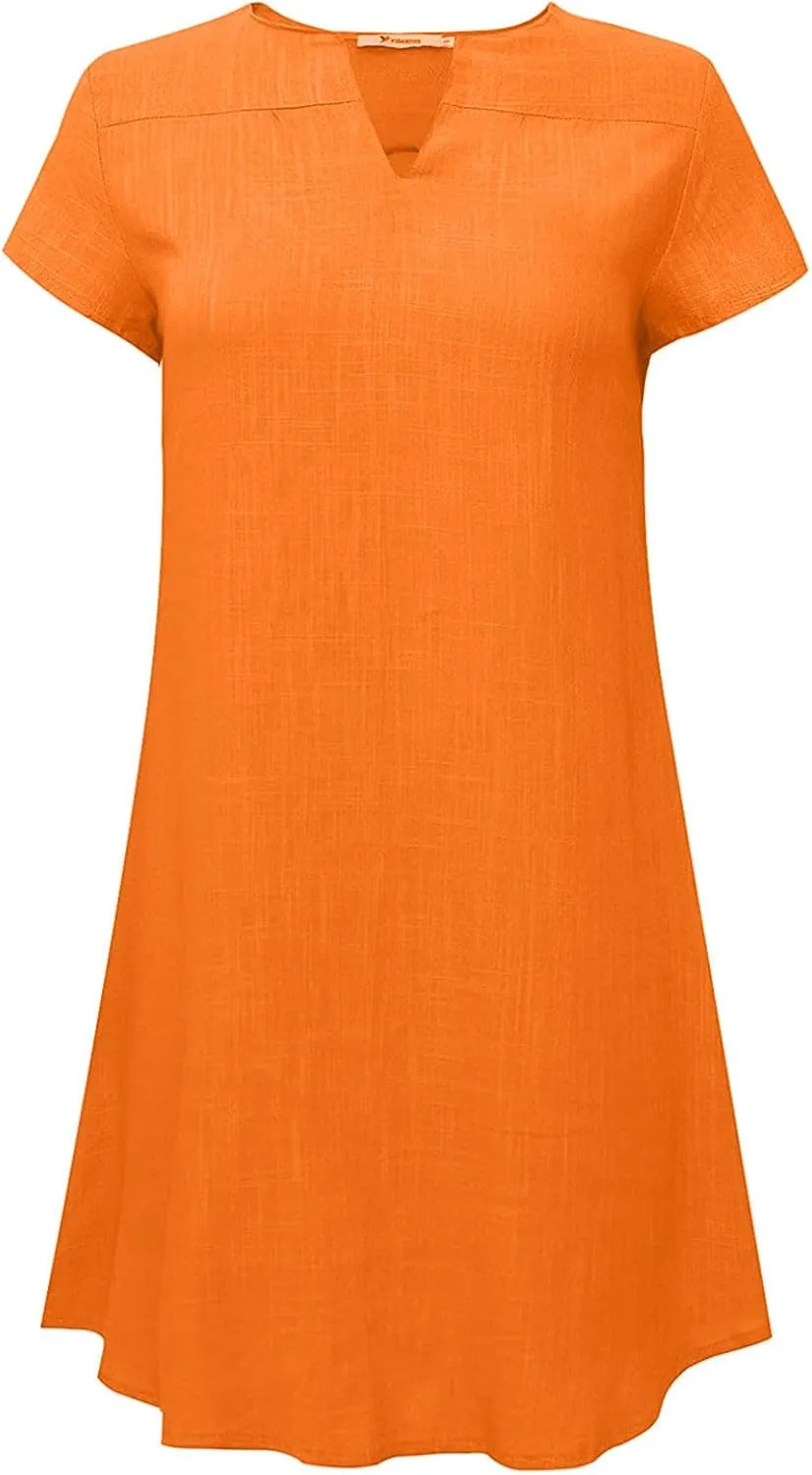 Women Summer Dresses Short Sleeve Cotton Linen Sundresses Knee Length Lightweight Casual T Shirt Dress