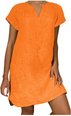 Women Summer Dresses Short Sleeve Cotton Linen Sundresses Knee Length Lightweight Casual T Shirt Dress