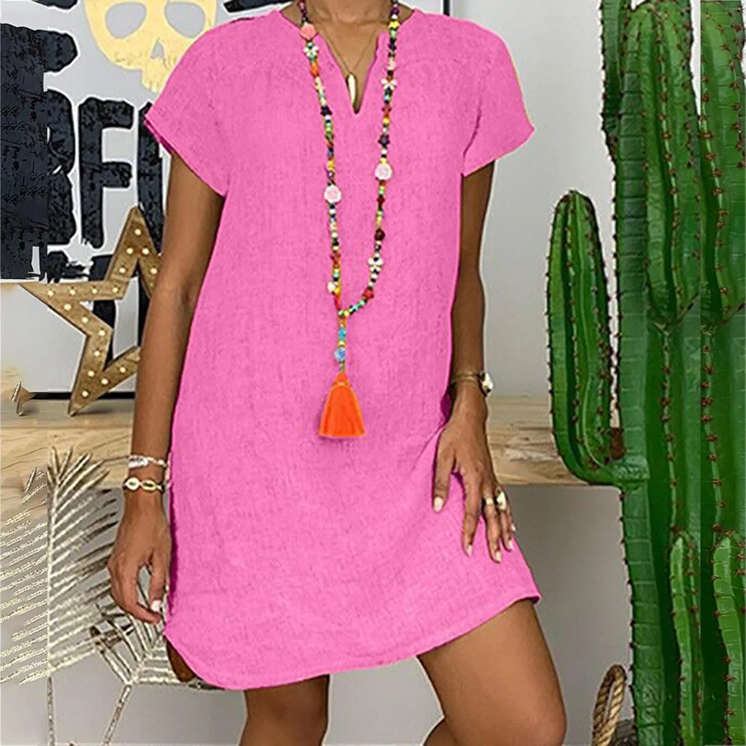 Women Summer Dresses Short Sleeve Cotton Linen Sundresses Knee Length Lightweight Casual T Shirt Dress