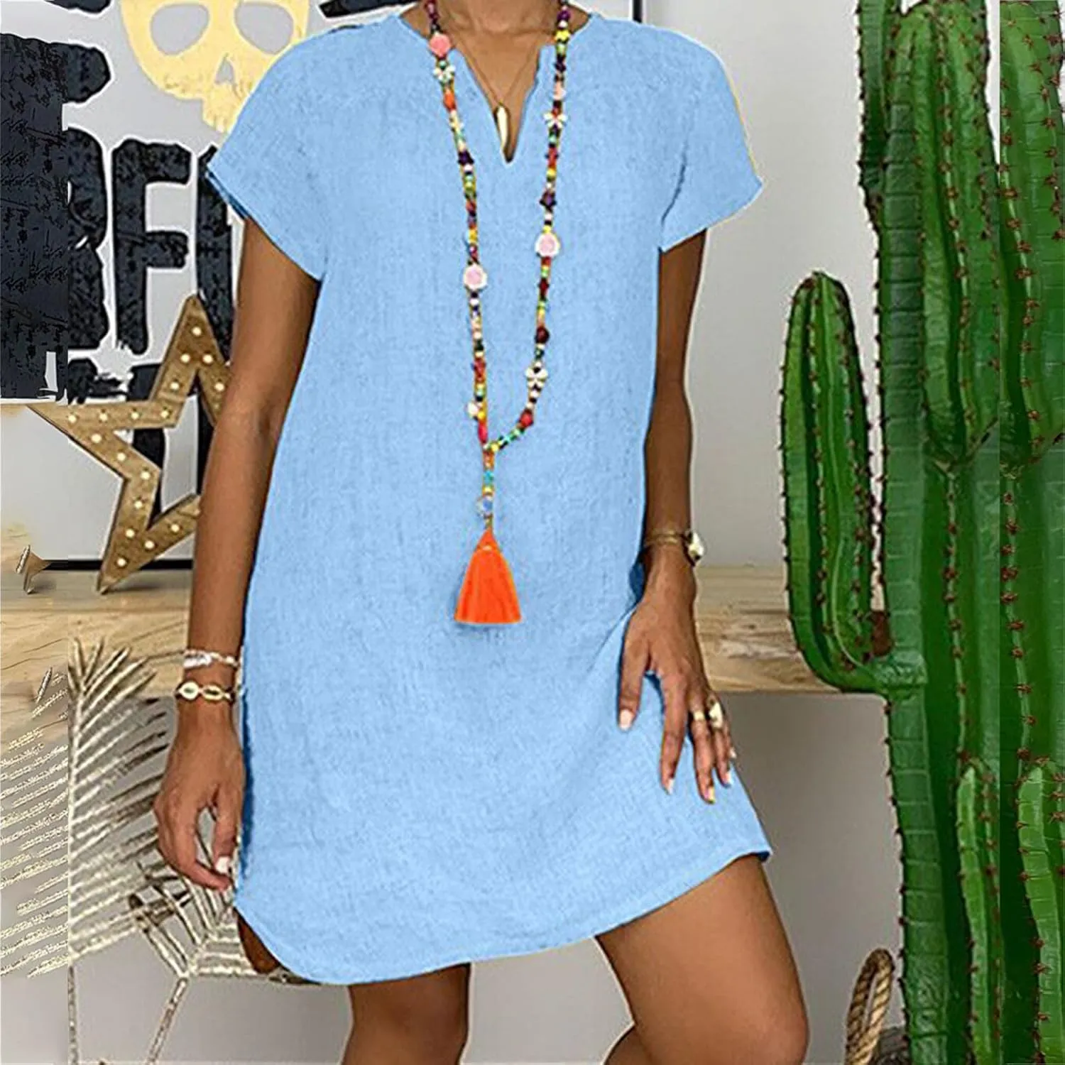 Women Summer Dresses Short Sleeve Cotton Linen Sundresses Knee Length Lightweight Casual T Shirt Dress