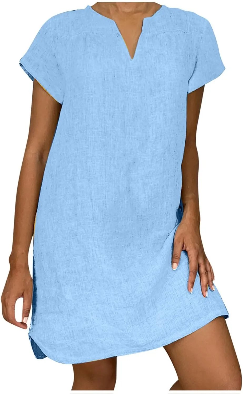 Women Summer Dresses Short Sleeve Cotton Linen Sundresses Knee Length Lightweight Casual T Shirt Dress