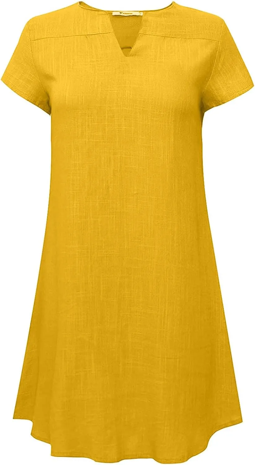 Women Summer Dresses Short Sleeve Cotton Linen Sundresses Knee Length Lightweight Casual T Shirt Dress