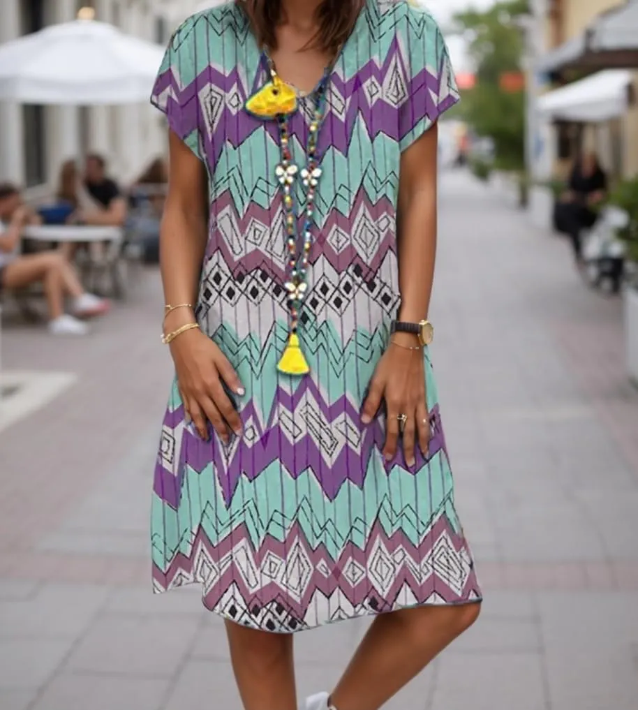 Women Summer Geometric Floral Printed Beach Dress Short Sleeve Casual V Neck Plus Size Midi Dresses Baggy Shift Dress