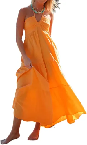 Women Summer Halter Smocked Long Dress Spaghetti Strap Ruffle Tiered Flowy Backless Maxi Dress Beach Sundress