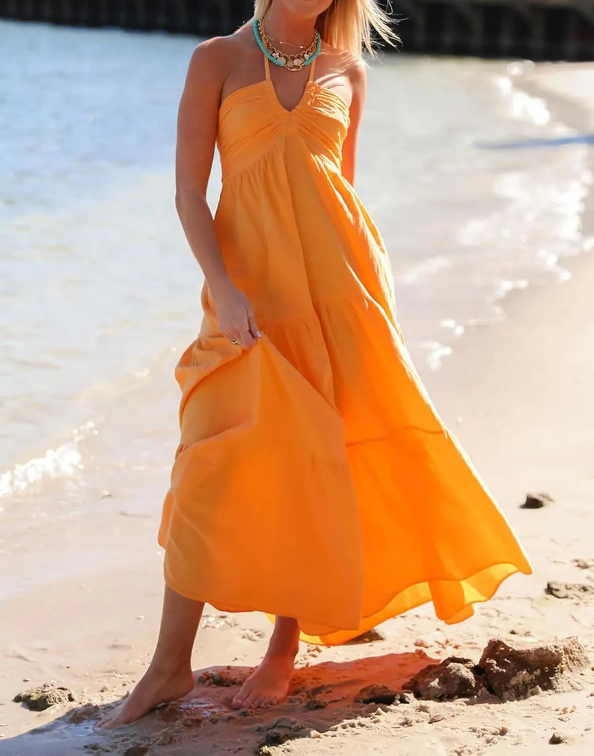 Women Summer Halter Smocked Long Dress Spaghetti Strap Ruffle Tiered Flowy Backless Maxi Dress Beach Sundress