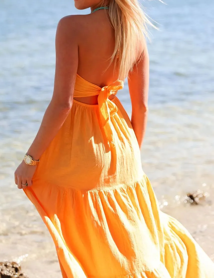 Women Summer Halter Smocked Long Dress Spaghetti Strap Ruffle Tiered Flowy Backless Maxi Dress Beach Sundress