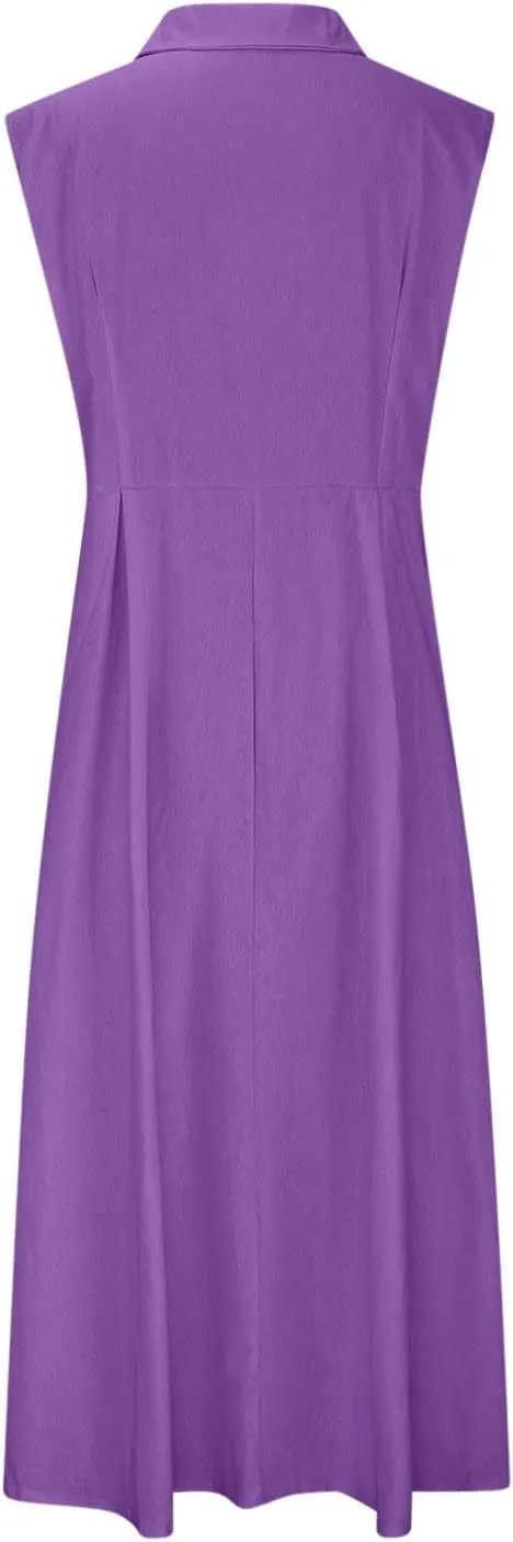 Women Summer Long Dresses Cotton Linen Solid Work Dress Causal Turndown Collar Sleeveless Button Sundress