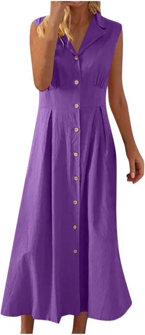 Women Summer Long Dresses Cotton Linen Solid Work Dress Causal Turndown Collar Sleeveless Button Sundress