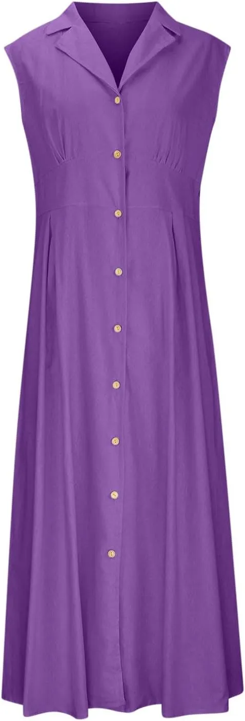 Women Summer Long Dresses Cotton Linen Solid Work Dress Causal Turndown Collar Sleeveless Button Sundress