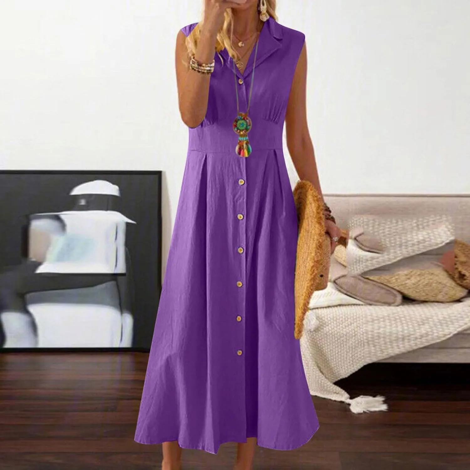 Women Summer Long Dresses Cotton Linen Solid Work Dress Causal Turndown Collar Sleeveless Button Sundress