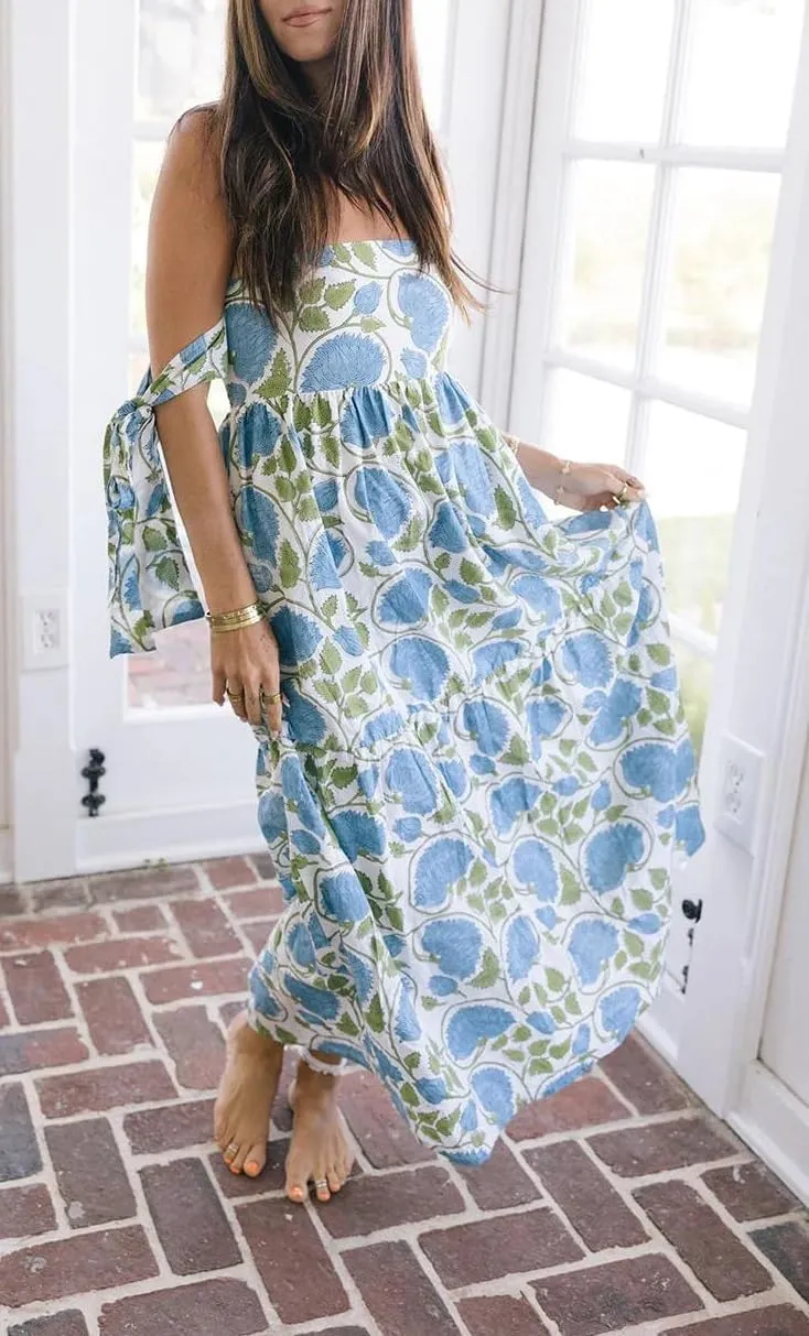 Women Tie Shoulder Maxi Dress Y2k Summer Floral Boho Long Dress Sleeveless Tiered Flowy Beach Sundress