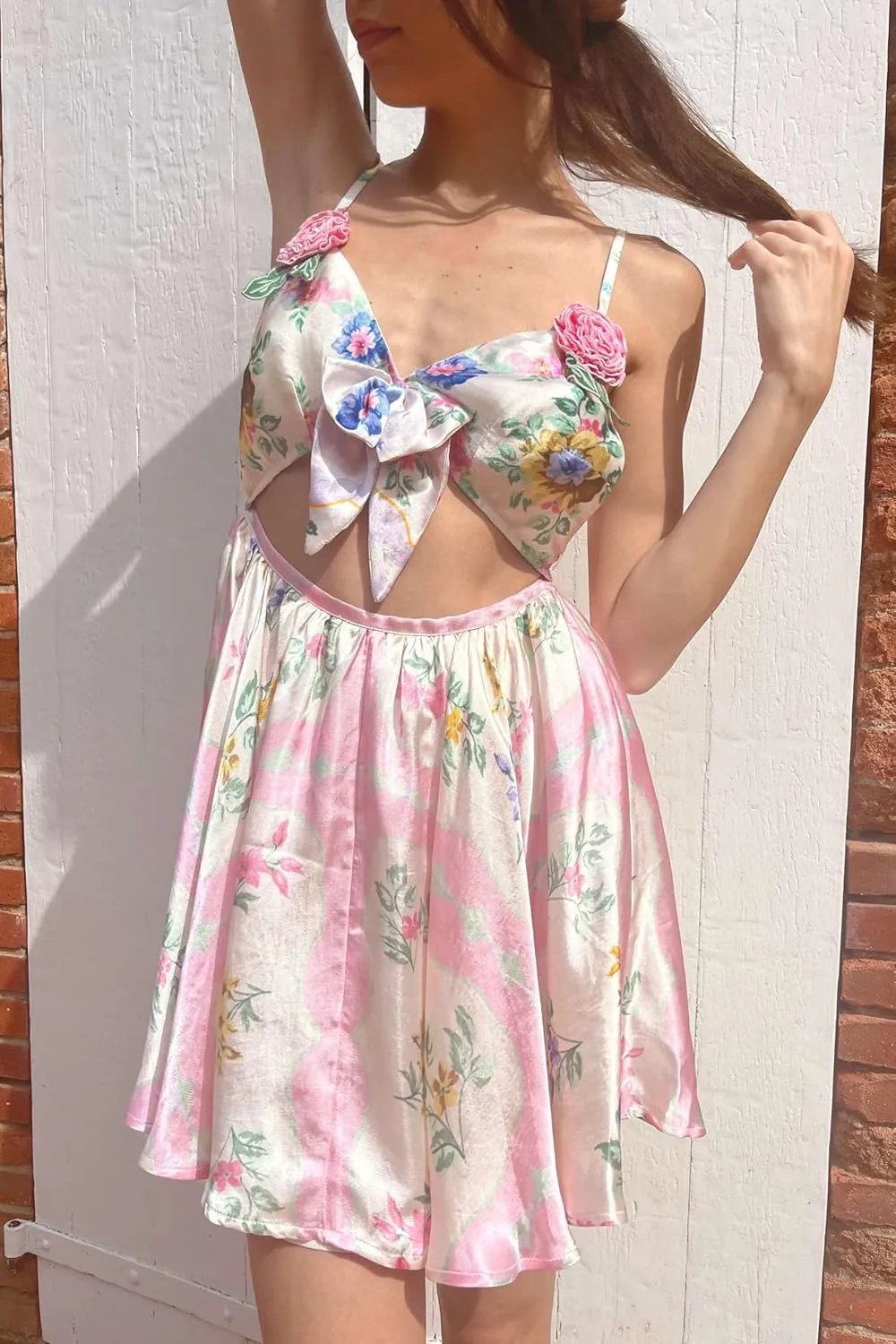 Women Y2k Floral Mini Dress Boho Spaghetti Strap Short Ruffle Dress Summer Tiered Beach Vacation Sundress
