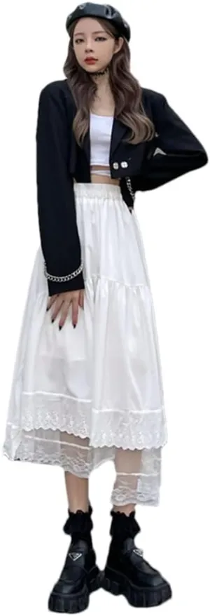 Women Y2k Gothic Tulle Pleated Skirt Lace Stitching Irregular Midi Skirt High Waist Hip Hop