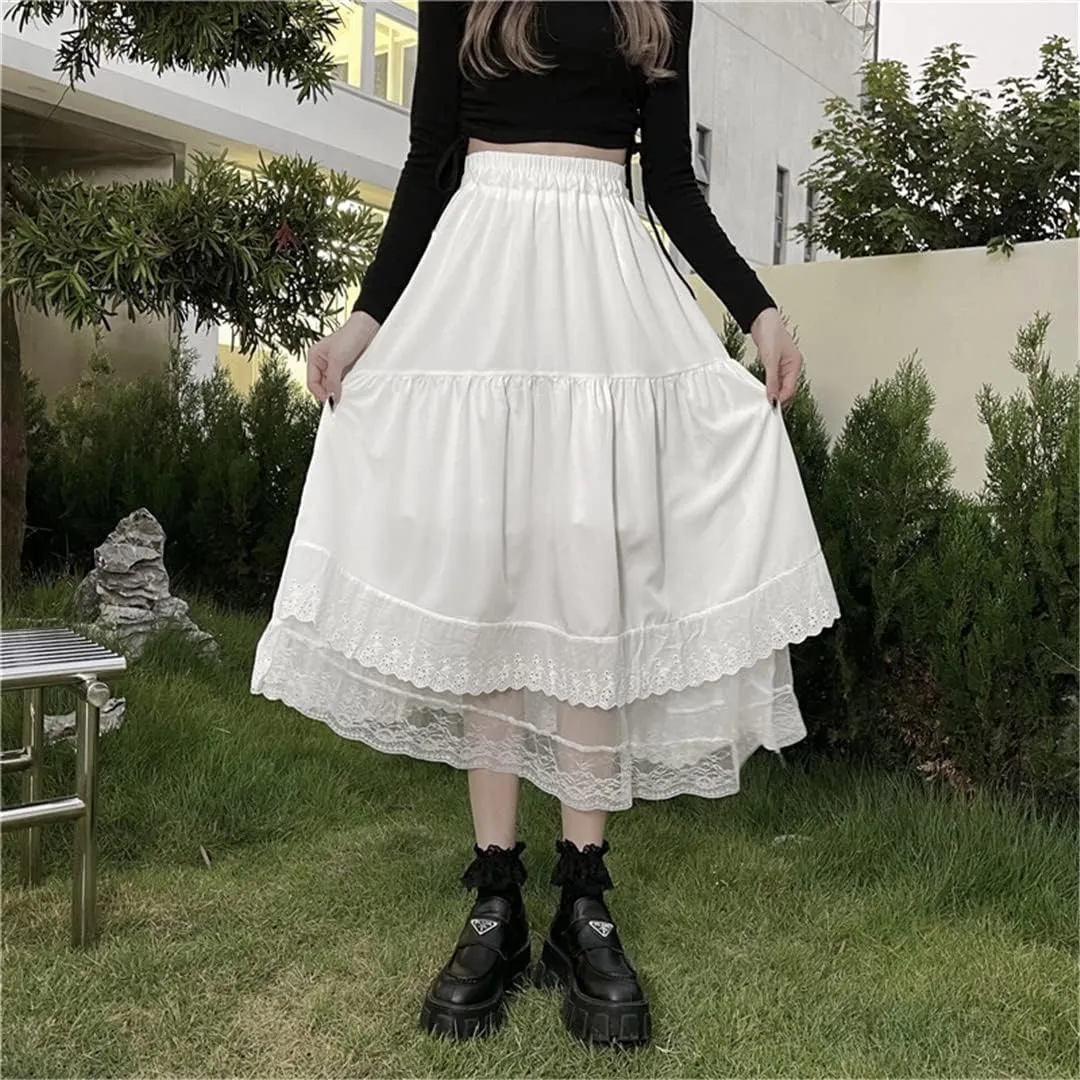 Women Y2k Gothic Tulle Pleated Skirt Lace Stitching Irregular Midi Skirt High Waist Hip Hop