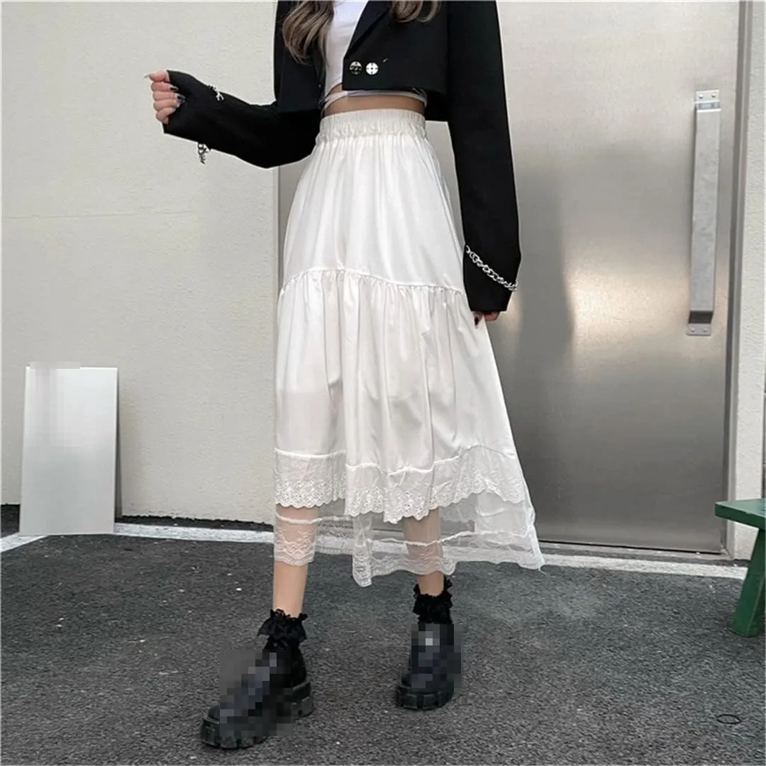 Women Y2k Gothic Tulle Pleated Skirt Lace Stitching Irregular Midi Skirt High Waist Hip Hop