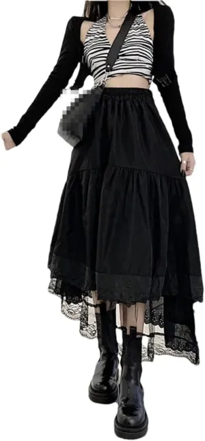 Women Y2k Gothic Tulle Pleated Skirt Lace Stitching Irregular Midi Skirt High Waist Hip Hop