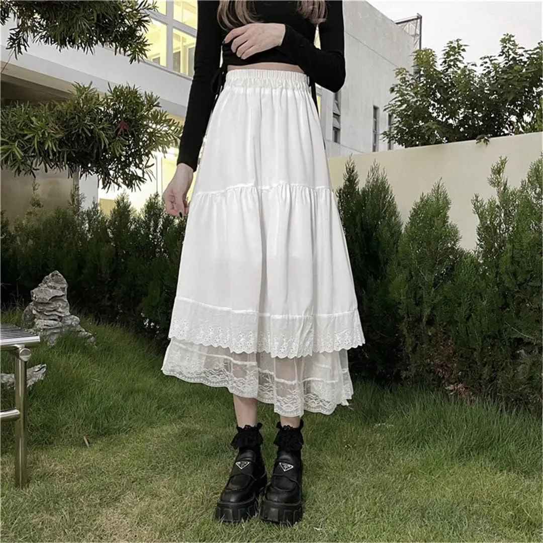 Women Y2k Gothic Tulle Pleated Skirt Lace Stitching Irregular Midi Skirt High Waist Hip Hop