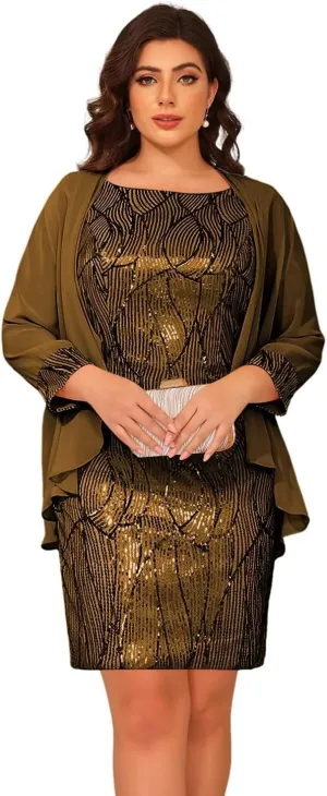 Women's 2 Piece Chiffon Sequin Mother of The Bride Dresses for Wedding Knee Length Formal Evening Dress PU254