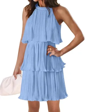 Womens 2024 Halter Sleeveless Ruffle Tiered Layered Chiffon Pleated Dresses Mock Neck A Line Swing Mini Dress
