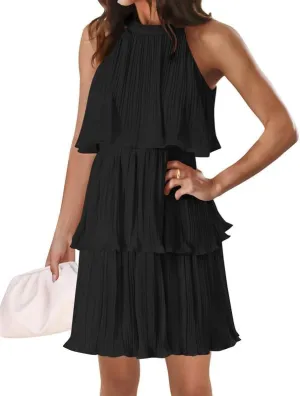 Womens 2024 Halter Sleeveless Ruffle Tiered Layered Chiffon Pleated Dresses Mock Neck A Line Swing Mini Dress