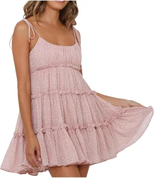 Womens 2024 Summer Floral Mini Dress Adjustable Spaghetti Strap Solid/Boho Flowy Ruffle Sleeveless Elegant/Sexy Mini Dress