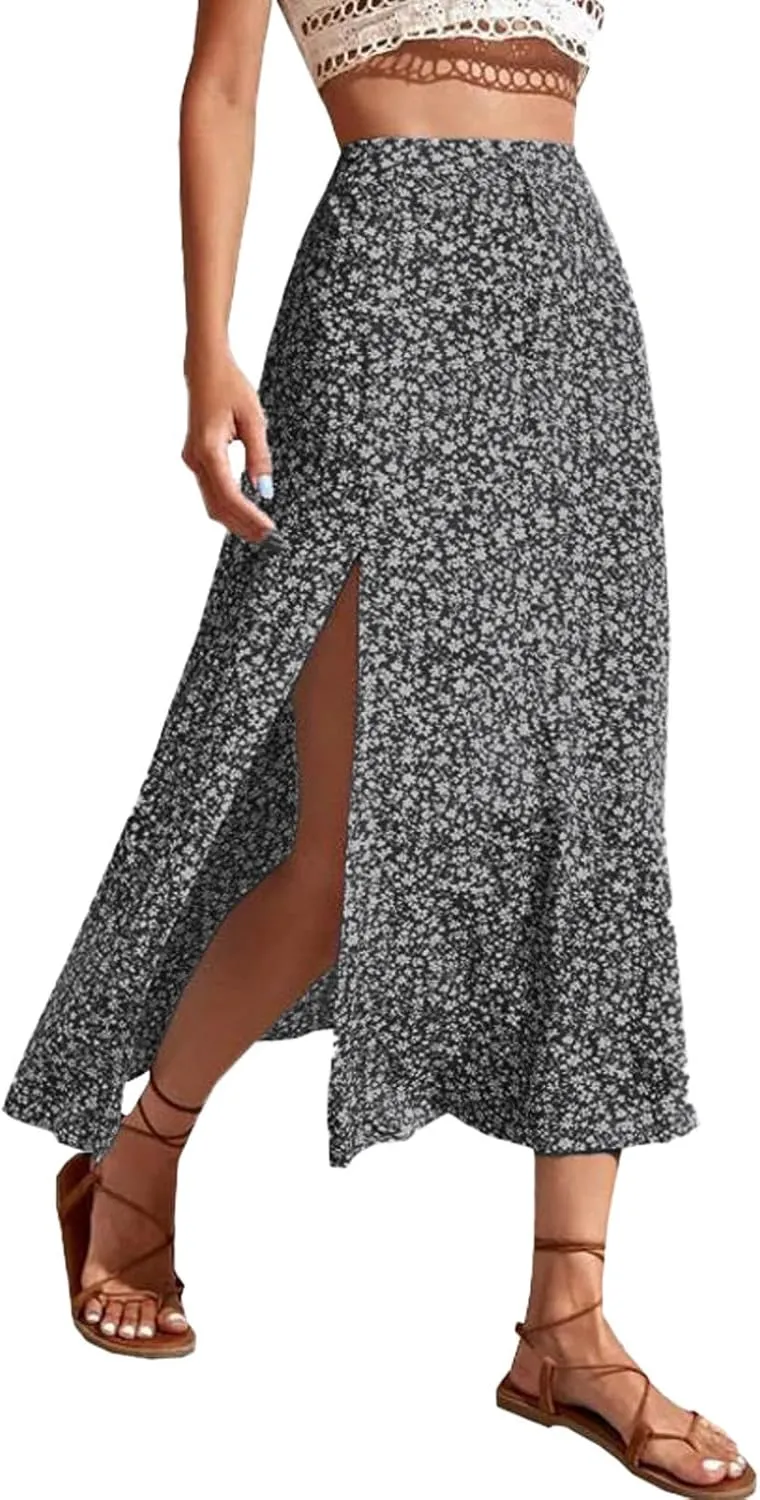 Womens 2024 Summer High Waisted Flowy Slit Midi Skirts Casual Lightweight Boho Floral Beach Skirt Sheer Skirt