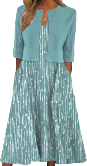 Women's 2025 Summer 2 Piece Set Plant Print V-Neck A Line Flowy Boho Midi Dress With Half Sleeve Jacket Easter Outfits
