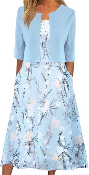Women's 2025 Summer 2 Piece Set Plant Print V-Neck A Line Flowy Boho Midi Dress With Half Sleeve Jacket Easter Outfits