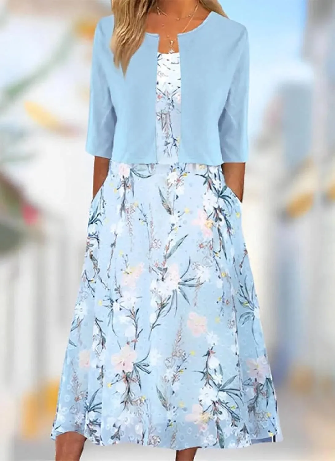 Women's 2025 Summer 2 Piece Set Plant Print V-Neck A Line Flowy Boho Midi Dress With Half Sleeve Jacket Easter Outfits