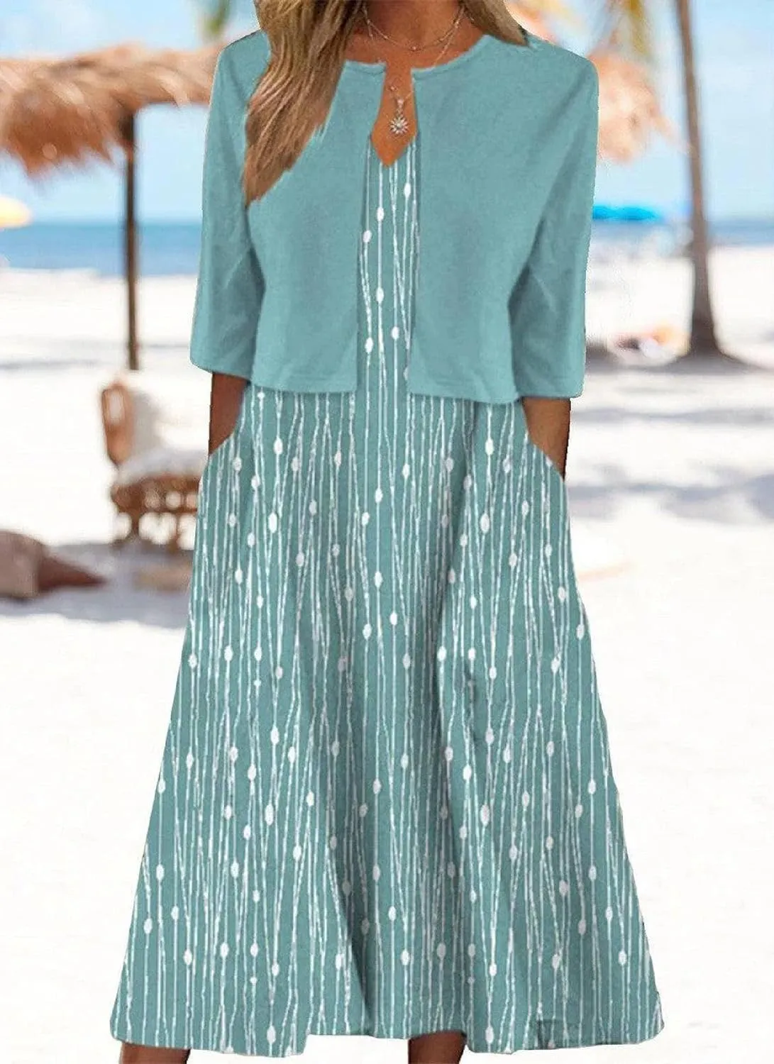 Women's 2025 Summer 2 Piece Set Plant Print V-Neck A Line Flowy Boho Midi Dress With Half Sleeve Jacket Easter Outfits