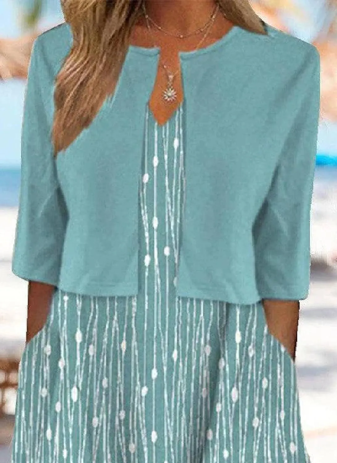 Women's 2025 Summer 2 Piece Set Plant Print V-Neck A Line Flowy Boho Midi Dress With Half Sleeve Jacket Easter Outfits