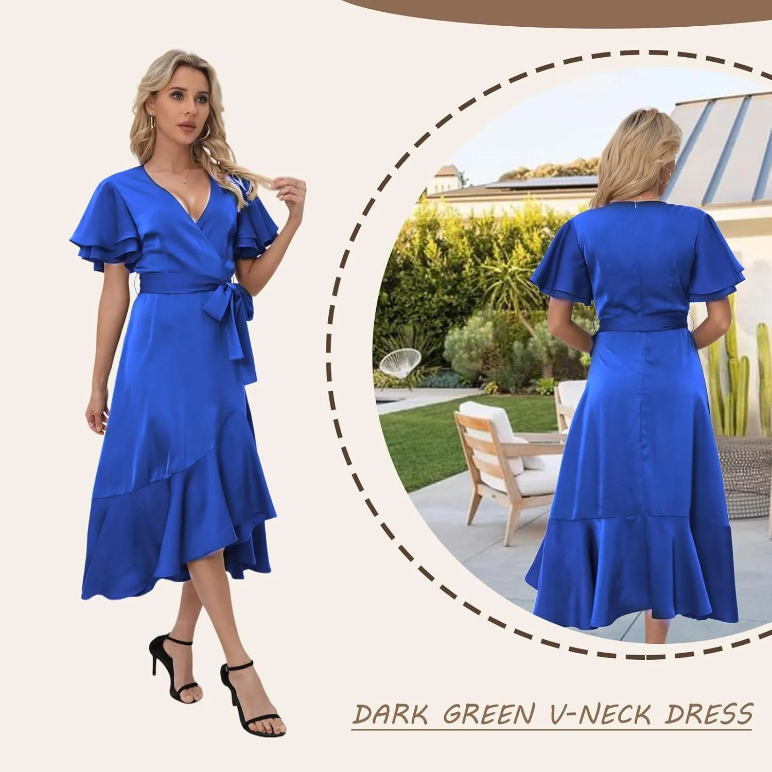 Women's 2025 Summer Cross Midi Dress Casual Boho Deep V Neck Short Sleeve Ruffle Hem Semi-Formal Dress