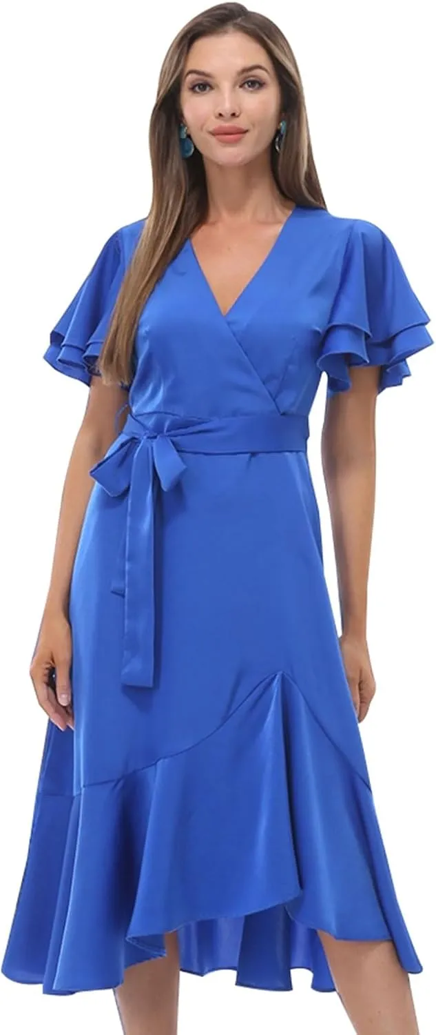 Women's 2025 Summer Cross Midi Dress Casual Boho Deep V Neck Short Sleeve Ruffle Hem Semi-Formal Dress