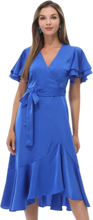 Women's 2025 Summer Cross Midi Dress Casual Boho Deep V Neck Short Sleeve Ruffle Hem Semi-Formal Dress