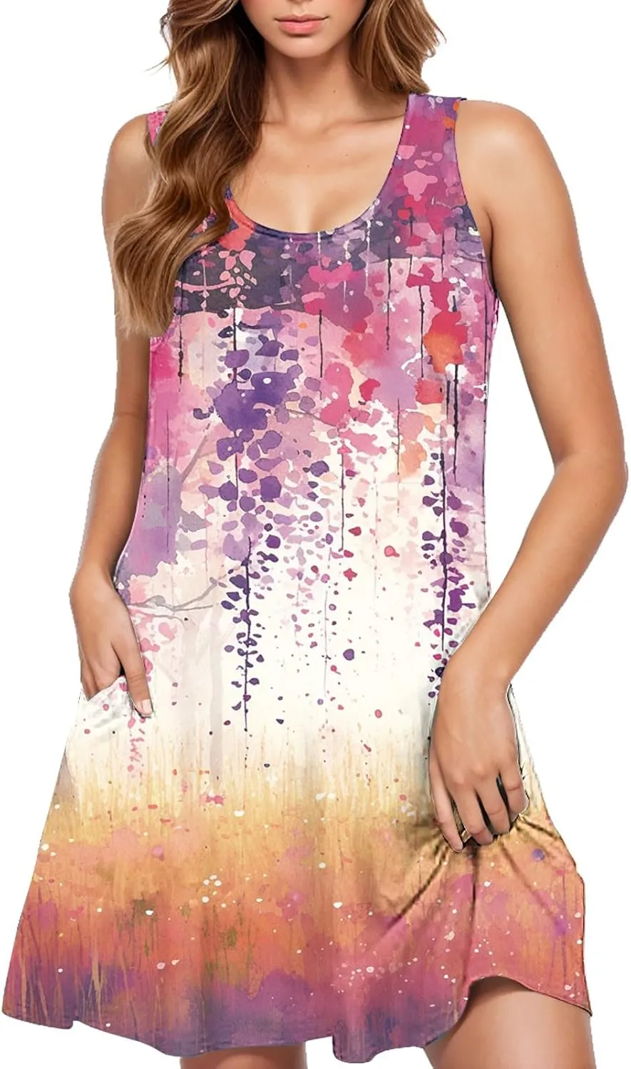 Womens 2025 Summer Floral Midi Dress Exotic Casual Square Neck Sleeveless Beach Wedding Guest Flowy a-Line Mini Dress