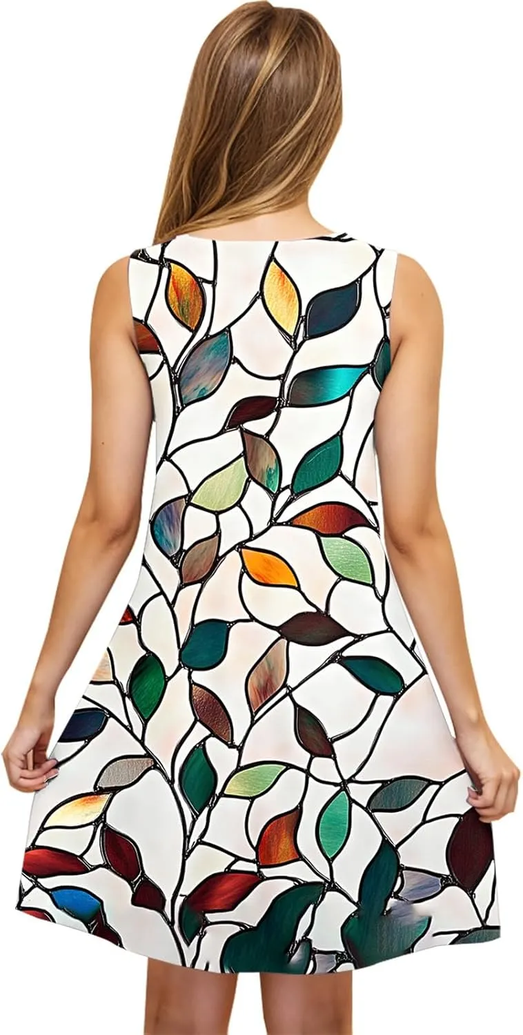 Womens 2025 Summer Floral Midi Dress Exotic Casual Square Neck Sleeveless Beach Wedding Guest Flowy a-Line Mini Dress