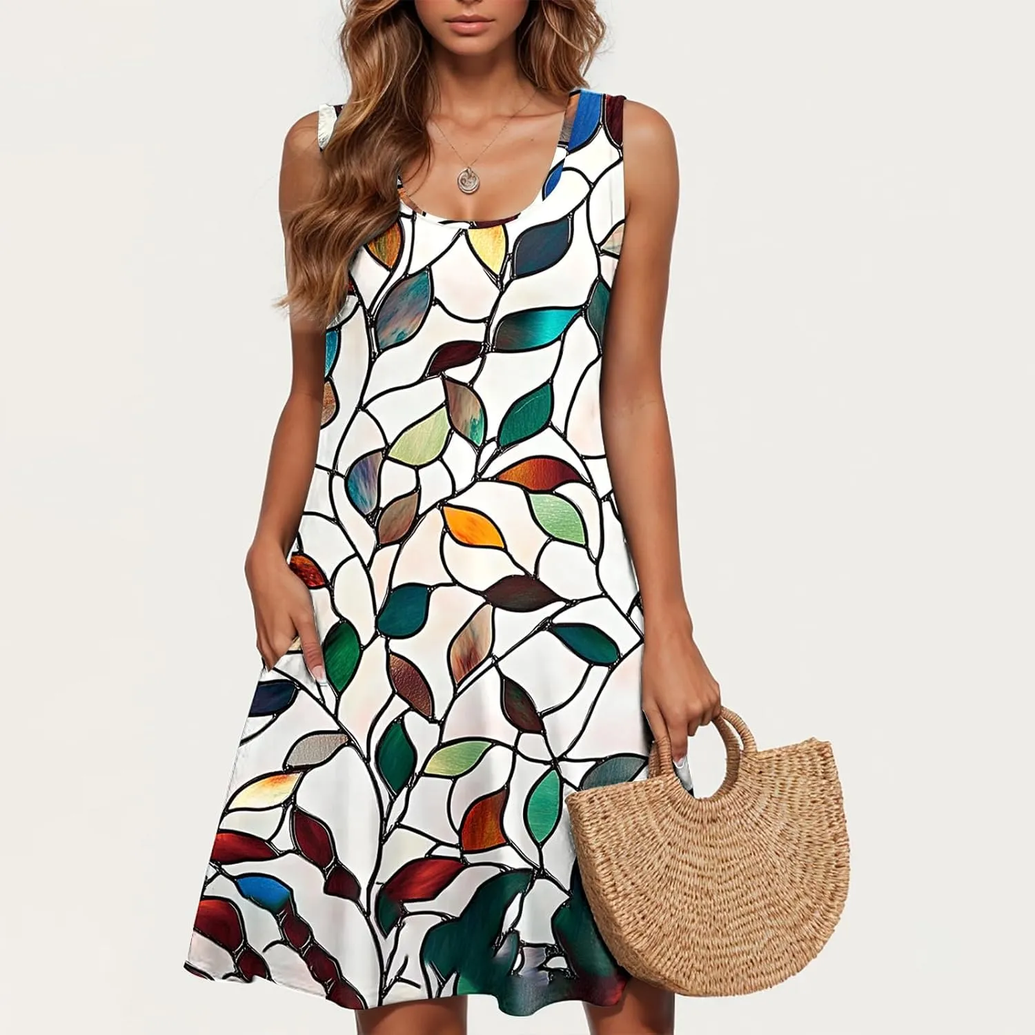 Womens 2025 Summer Floral Midi Dress Exotic Casual Square Neck Sleeveless Beach Wedding Guest Flowy a-Line Mini Dress
