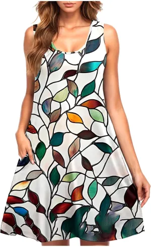 Womens 2025 Summer Floral Midi Dress Exotic Casual Square Neck Sleeveless Beach Wedding Guest Flowy a-Line Mini Dress