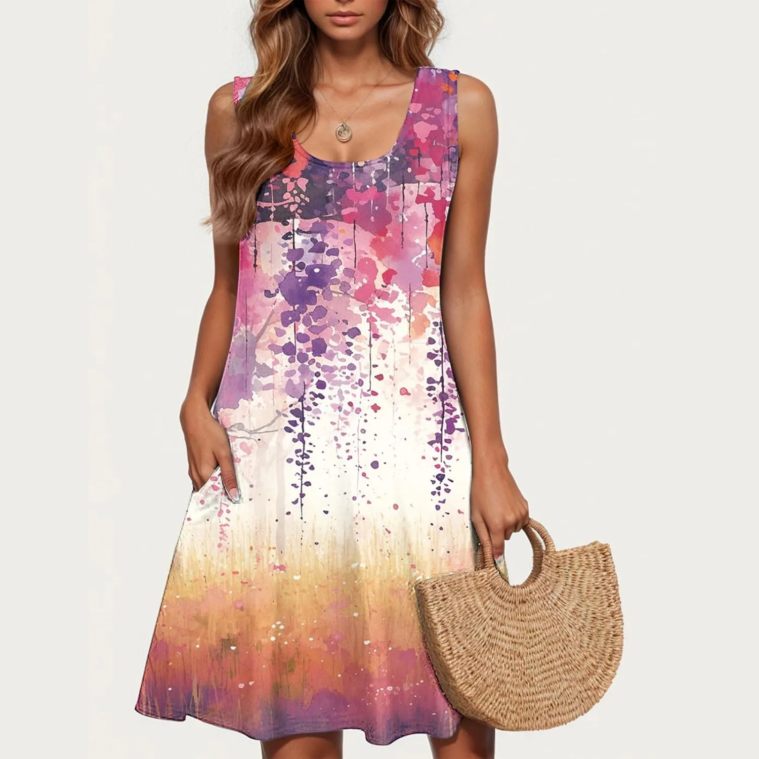 Womens 2025 Summer Floral Midi Dress Exotic Casual Square Neck Sleeveless Beach Wedding Guest Flowy a-Line Mini Dress