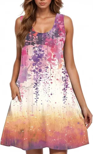Womens 2025 Summer Floral Midi Dress Exotic Casual Square Neck Sleeveless Beach Wedding Guest Flowy a-Line Mini Dress