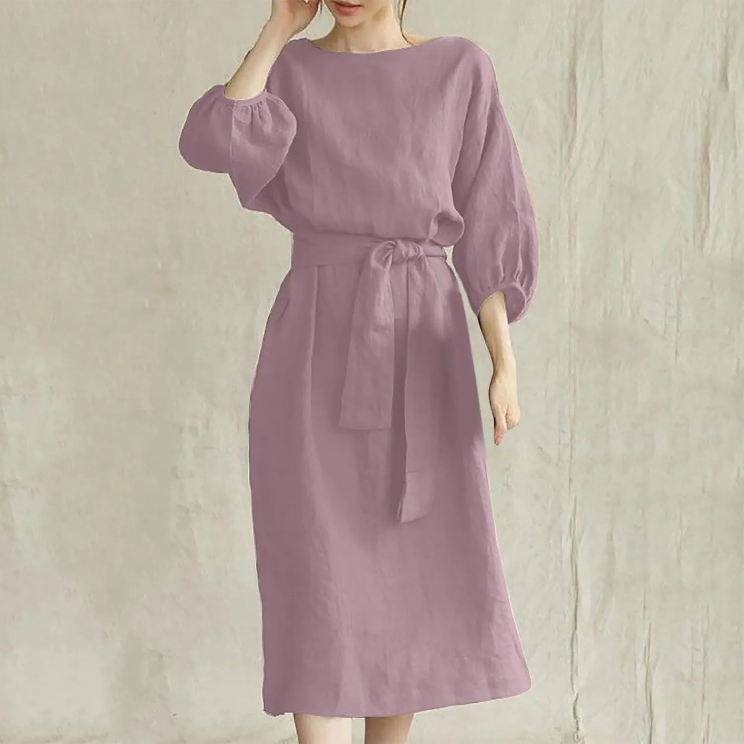 Women's 3/4 Length Sleeve Cotton Linen Summer Dresses Tie Front Sundress Loose Casual Lightweight Midi Dresse