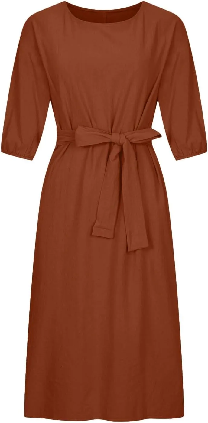 Women's 3/4 Length Sleeve Cotton Linen Summer Dresses Tie Front Sundress Loose Casual Lightweight Midi Dresse