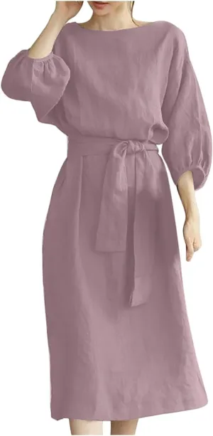 Women's 3/4 Length Sleeve Cotton Linen Summer Dresses Tie Front Sundress Loose Casual Lightweight Midi Dresse