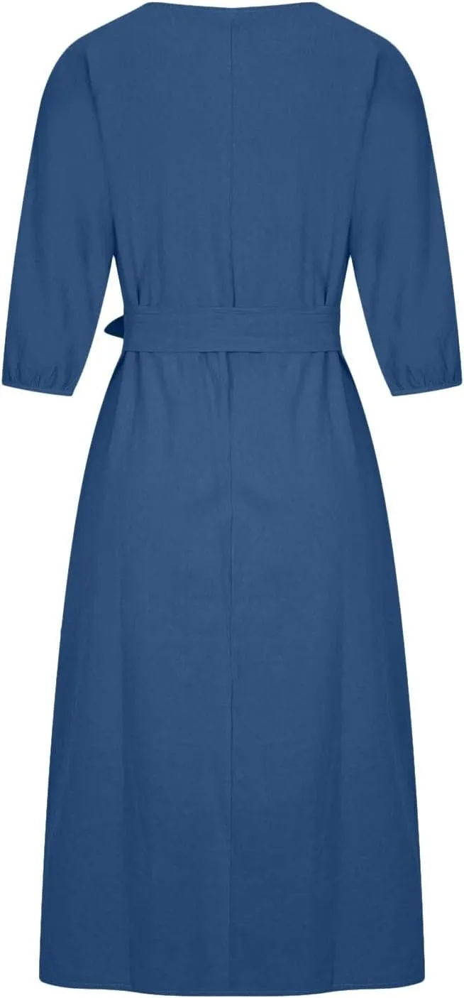 Women's 3/4 Length Sleeve Cotton Linen Summer Dresses Tie Front Sundress Loose Casual Lightweight Midi Dresse