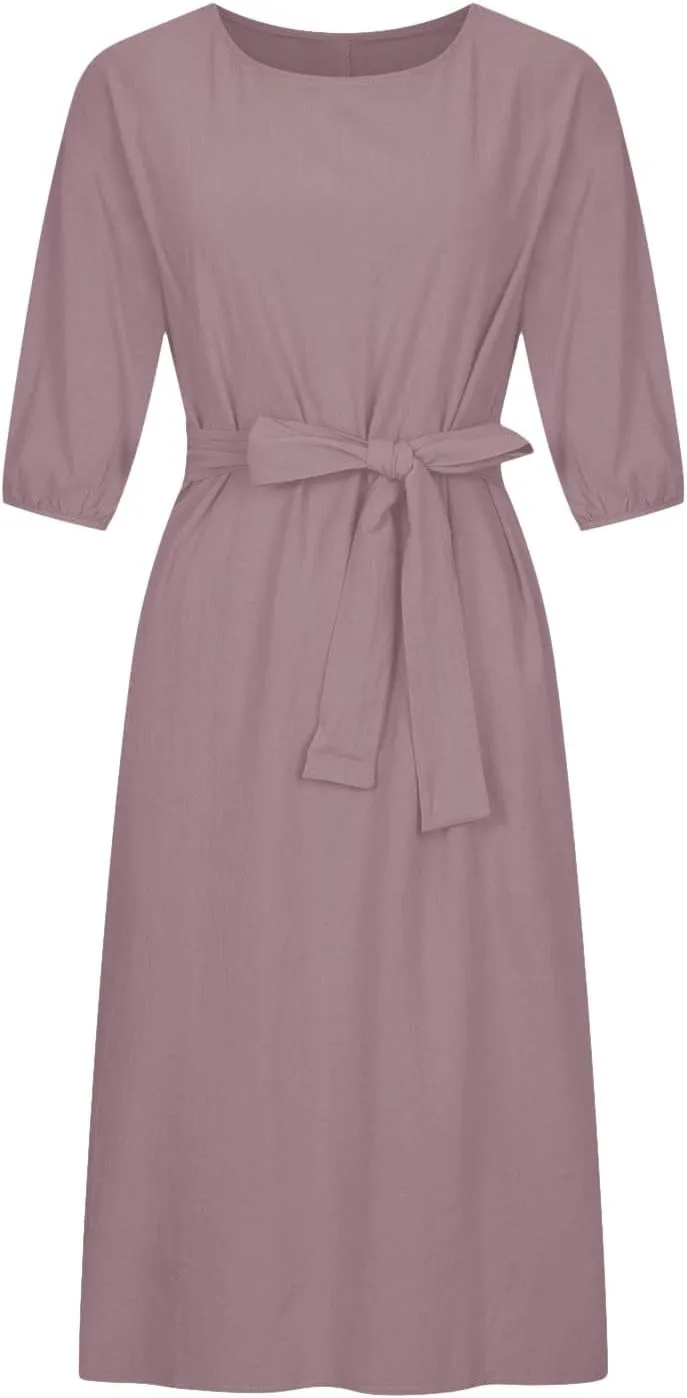 Women's 3/4 Length Sleeve Cotton Linen Summer Dresses Tie Front Sundress Loose Casual Lightweight Midi Dresse